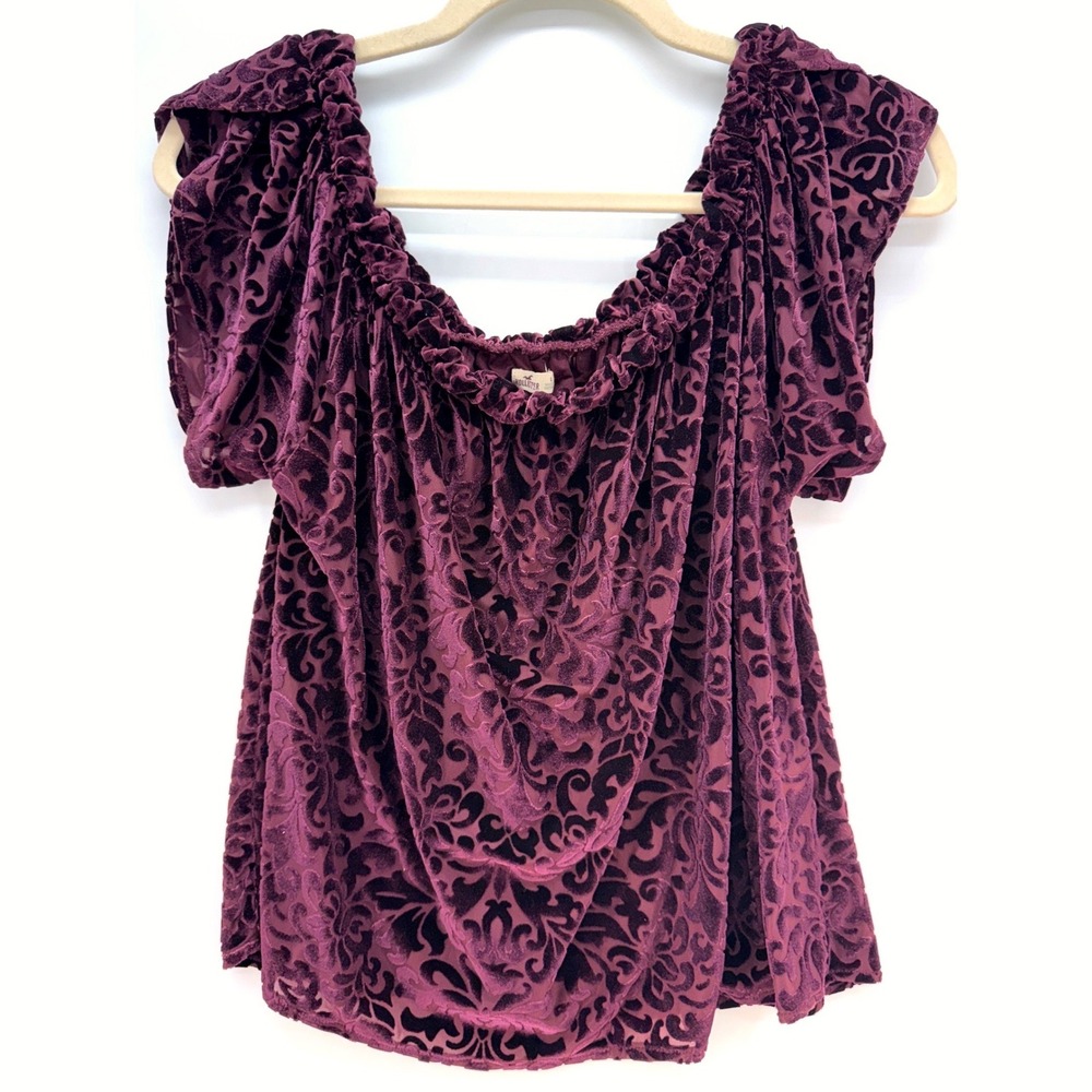Hollister Plum Whimsical Flocked Velvet Draped Babydoll Top L Fairy Grunge Y2K